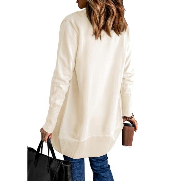 Ribbed Hem Cardigan Sweaters Pockets Long Sleeve Knit Open Front - Picture 2 of 4